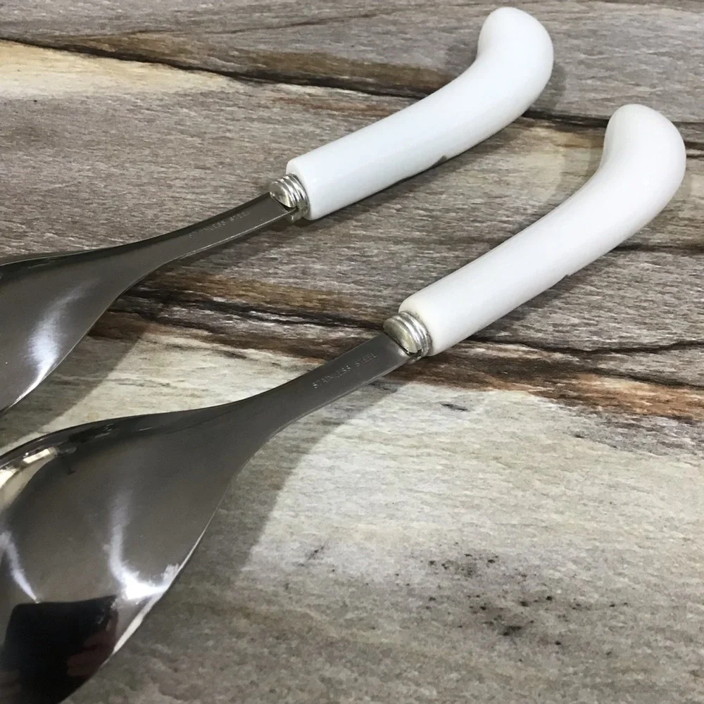 Vintage Salad Serving Set Blue Floral Porcelain Handle Spoon & Fork 8.5” Elegant